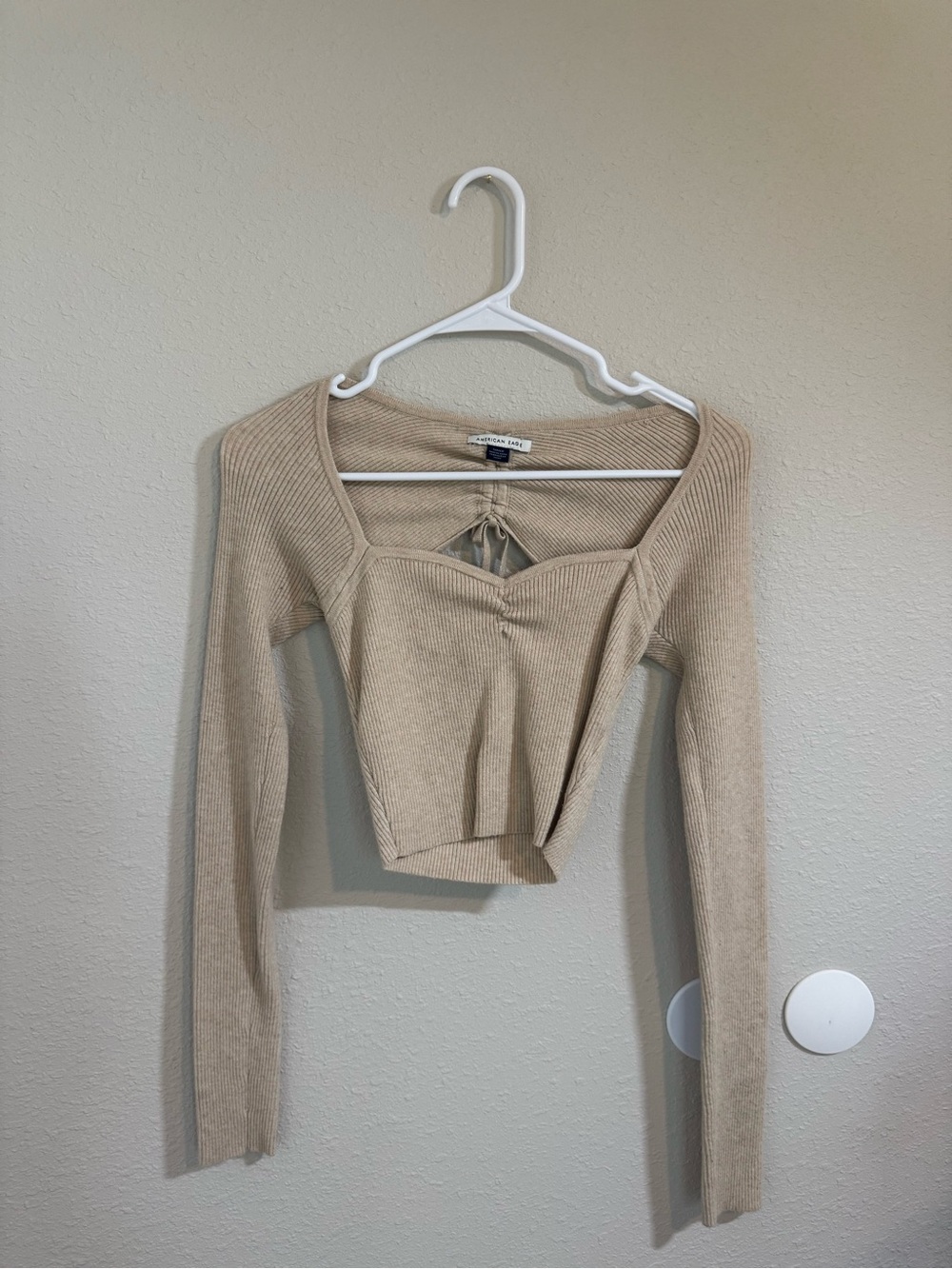 American Eagle Outfitters Beige Ribbed Square-Neck Long Sleeve Crop Top